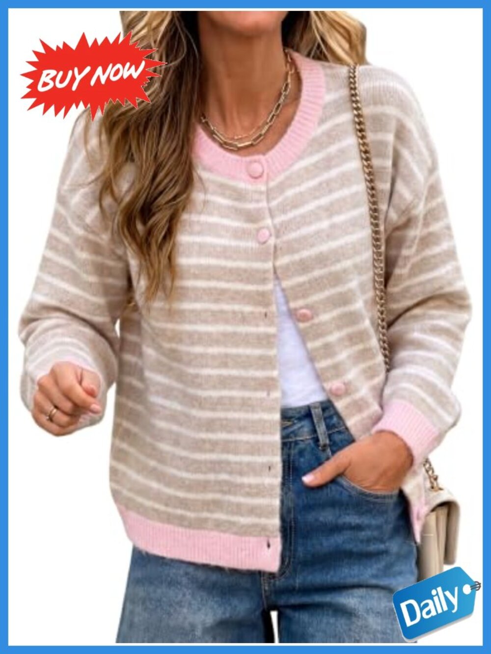Striped Cardigan Sweater Button Down Crewneck Knit Long Sleeve Relaxed Fit